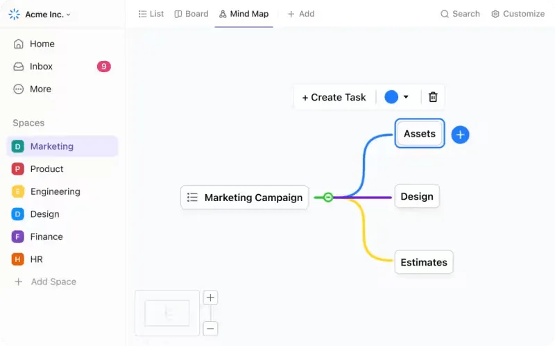 Organize seus pensamentos de forma clara e compartilhe-os com outras pessoas usando o ClickUp Mind Maps.