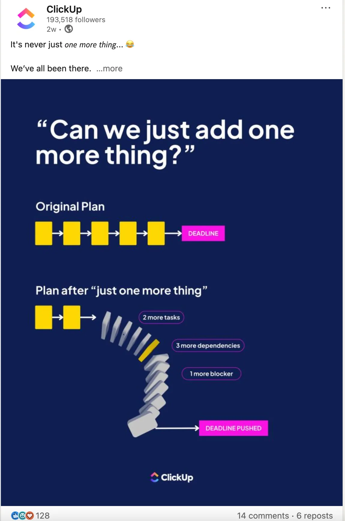 โพสต์ LinkedIn ของ ClickUp เป็นตัวอย่างในการใช้ 'hooks'