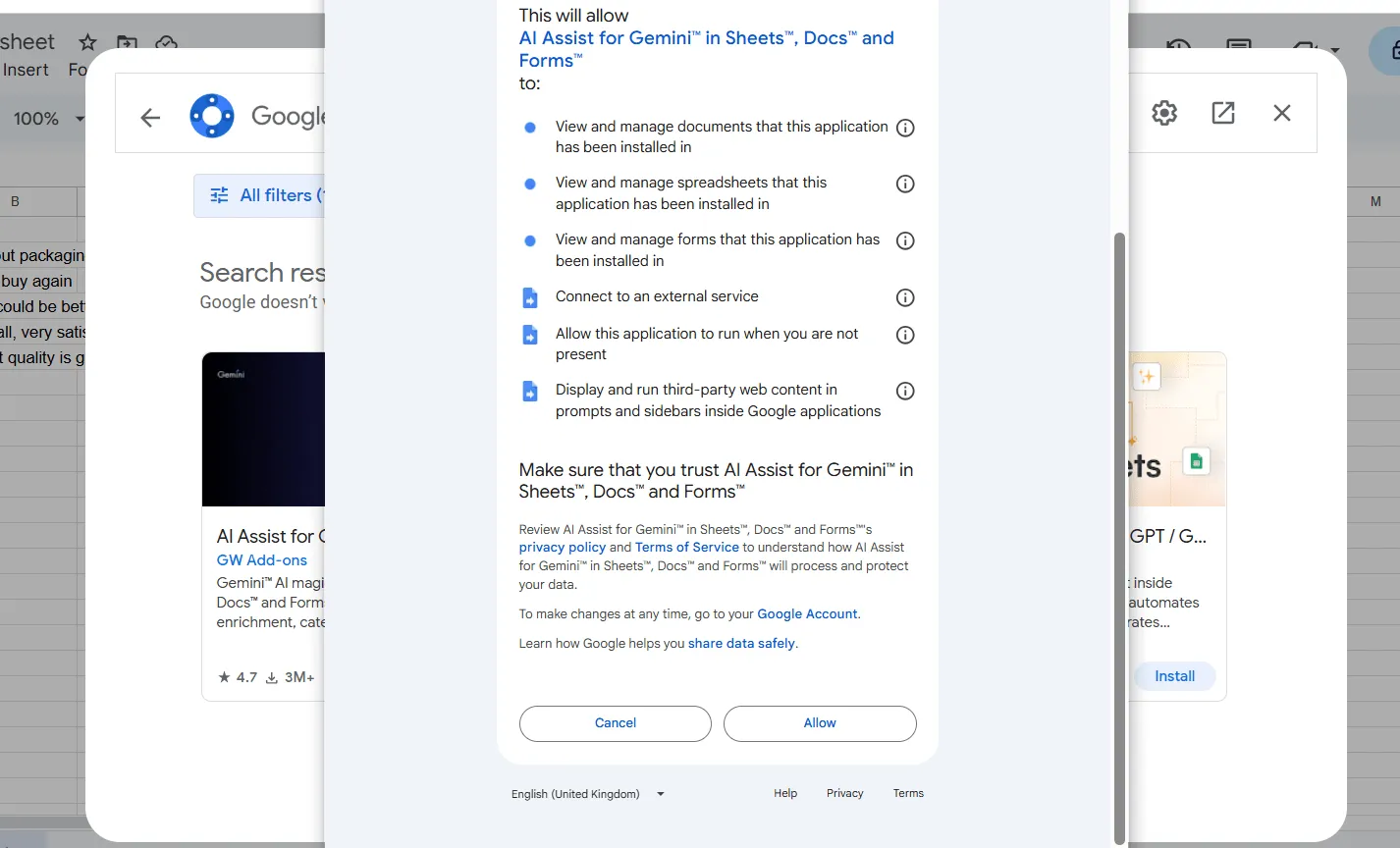 Clicca su Installa e concedi le autorizzazioni necessarie: come automatizzare i Fogli Google con l'IA