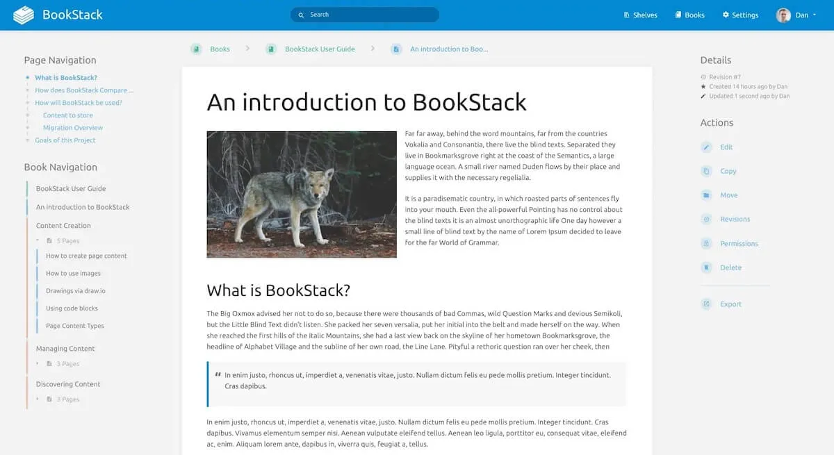 Alternative a Gitbook: pagina di esempio di BookStack