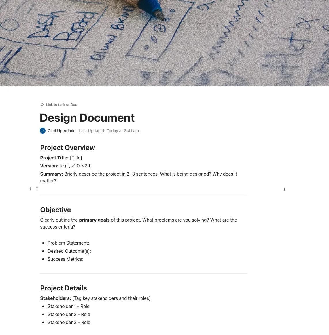 Modelo de documento de design do ClickUp