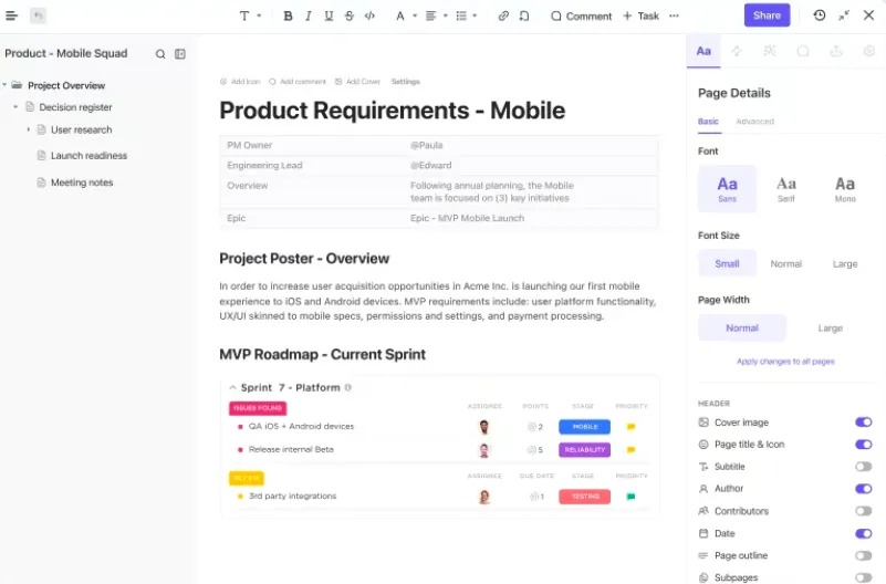 ClickUp Docs per la gestione dei prodotti