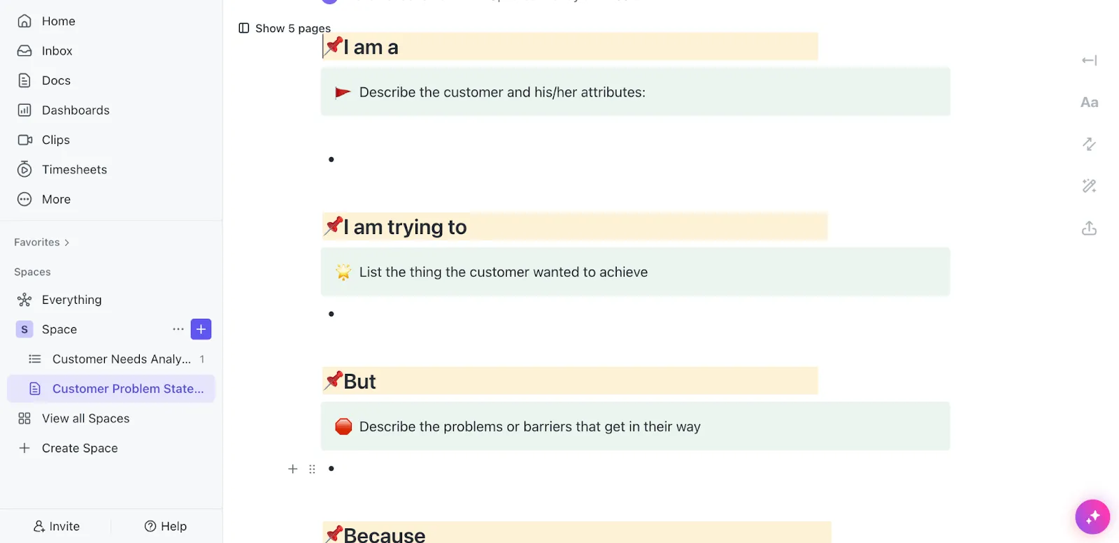 Identifiez les points faibles critiques de vos personas d'acheteurs grâce au modèle de déclaration de problème client de ClickUp.