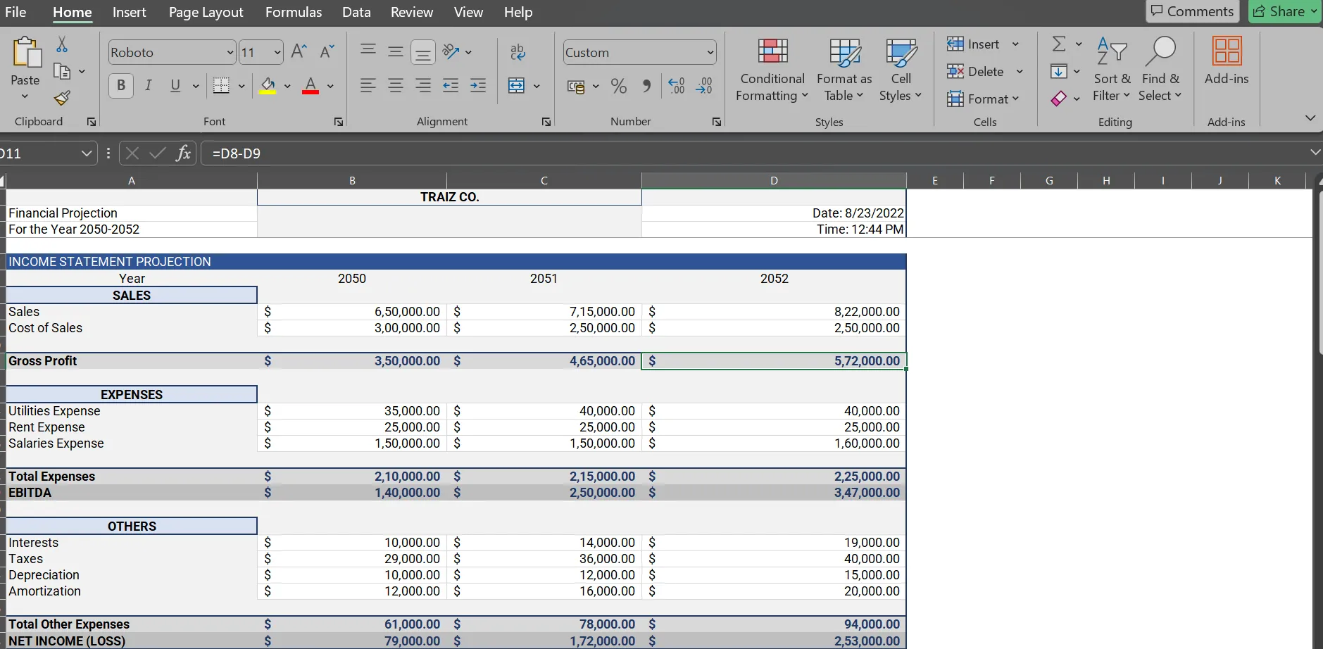 Plantilla de proyecciones financieras para startups de Template.net