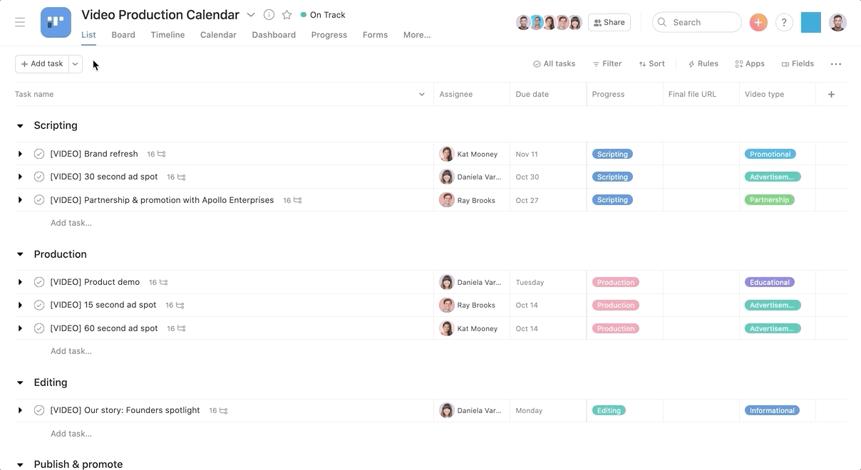 Asana-Videoproduktionskalender