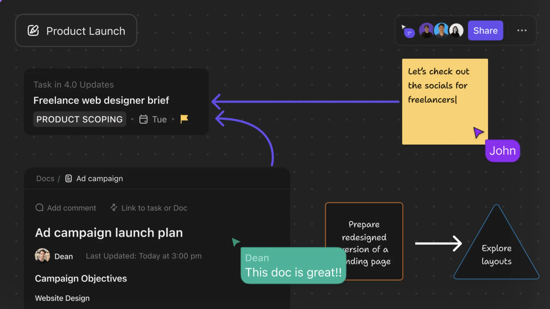 Ideenfindung mit ClickUp-Whiteboards