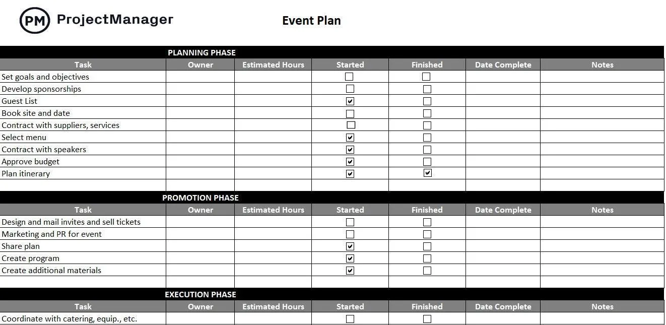 แบบแผนการจัดงาน Excel โดย ProjectManager