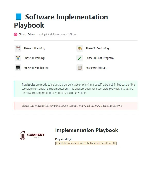 Mall för implementeringshandbok för ClickUp