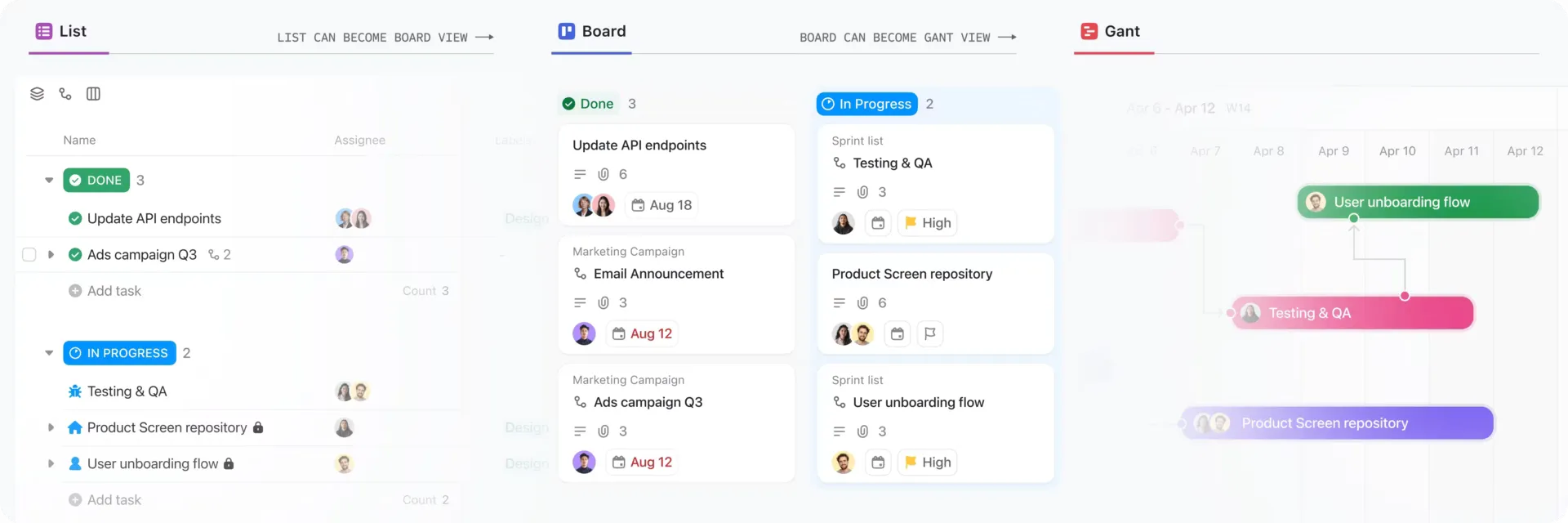 Un collage représentant l'interface de ClickUp illustre ces idées de listes de tâches esthétiques dans les vues « Liste », « Tableau » et « Gantt », en montrant des lignes de tâches, des cartes regroupées par statut et des barres chronologiques colorées accompagnées des avatars des responsables, des dates et des libellés de statut.