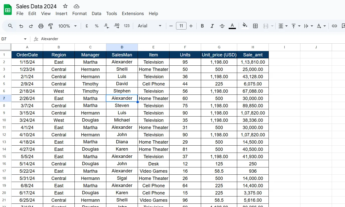 Google Sheets อินเตอร์เฟซ