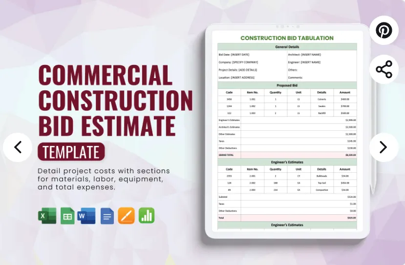 เทมเพลตการประมูลงานก่อสร้างเชิงพาณิชย์ใน Google Sheets โดย Template.net
