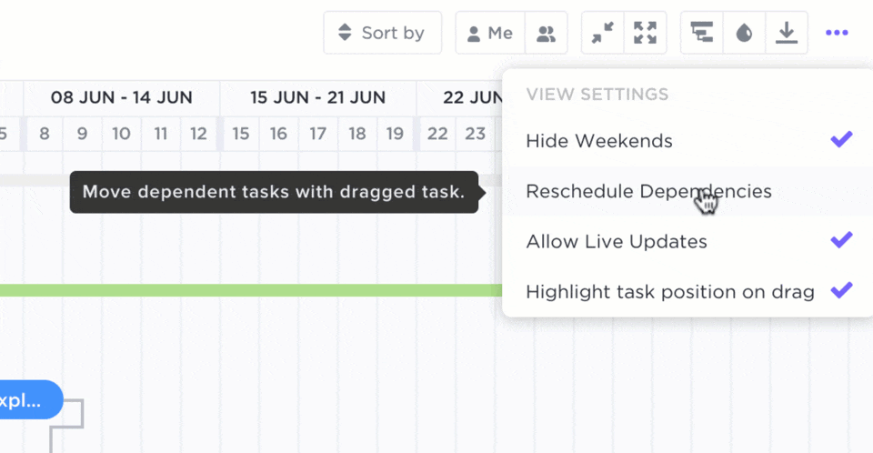 Reorganiza todo un grupo de tareas en el diagrama de Gantt en ClickUp.
