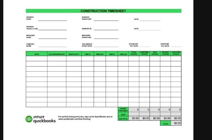 แบบฟอร์มบันทึกเวลาทำงานตามคำสร้างโดย Quickbooks