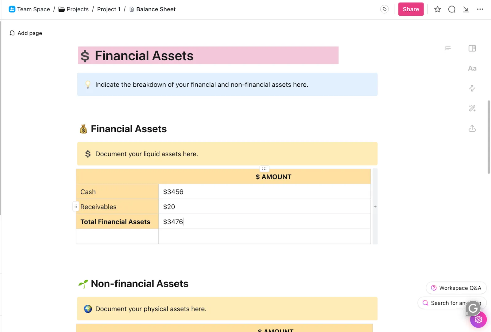 ClickUp Docs: cómo elaborar un balance general