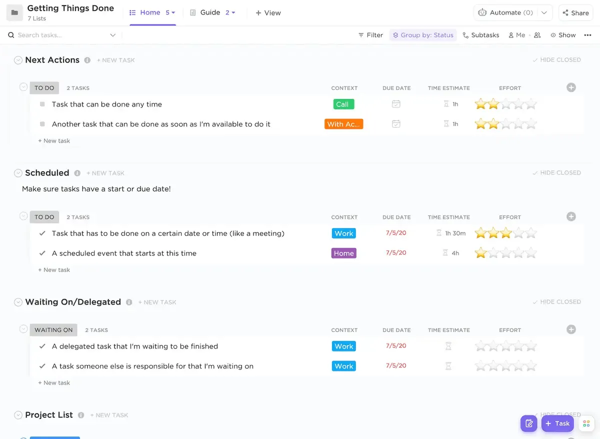 Die „Getting Things Done“-Vorlage von ClickUp