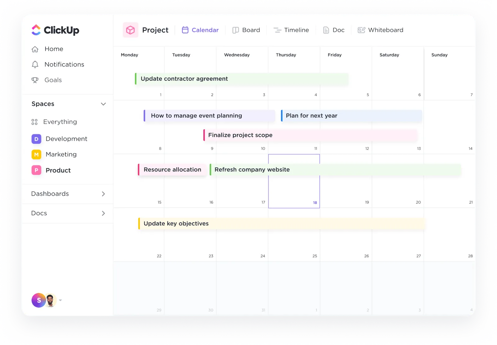 Visualizzazione del Calendario di ClickUp