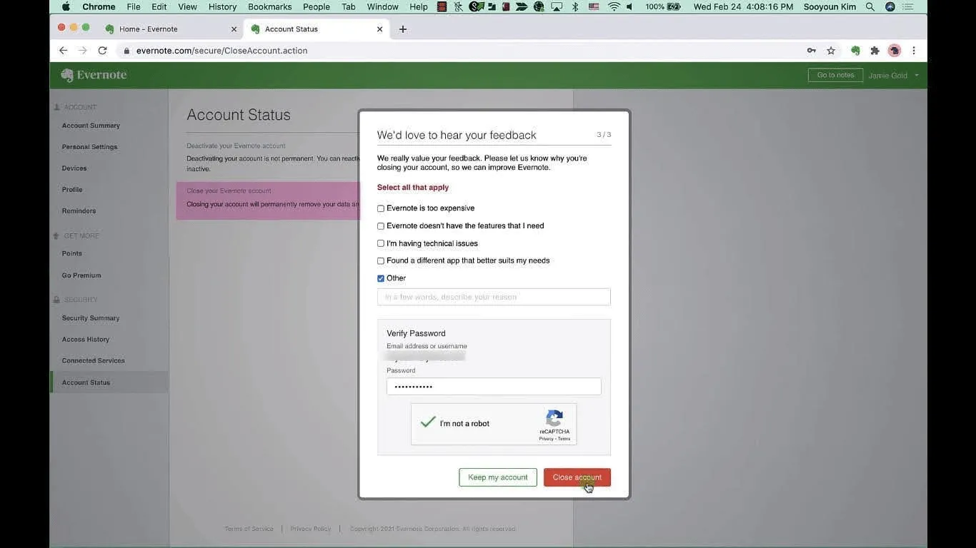 Evernote-Popup-Fenster zur endgültigen Bestätigung
