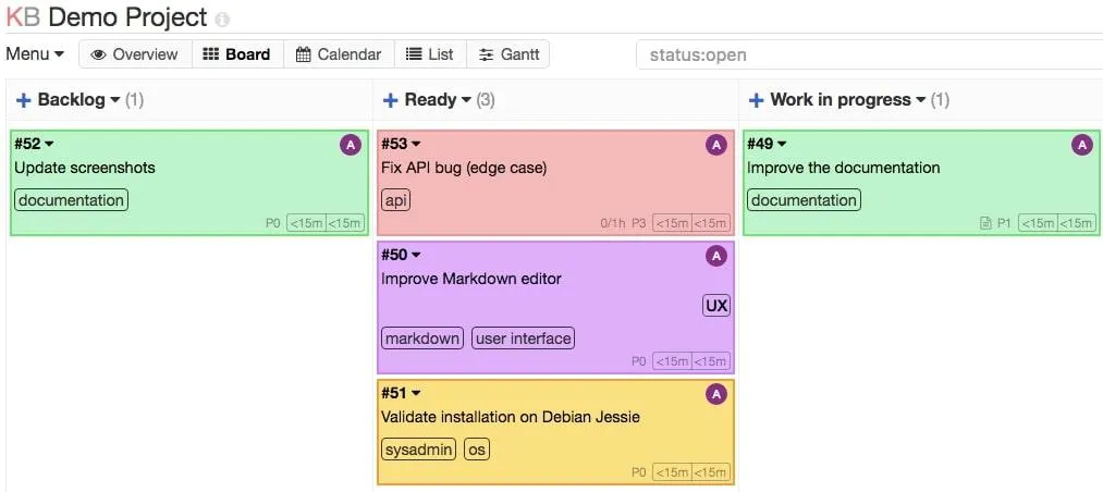 Ví dụ về chế độ xem bảng Kanban của Kanboard