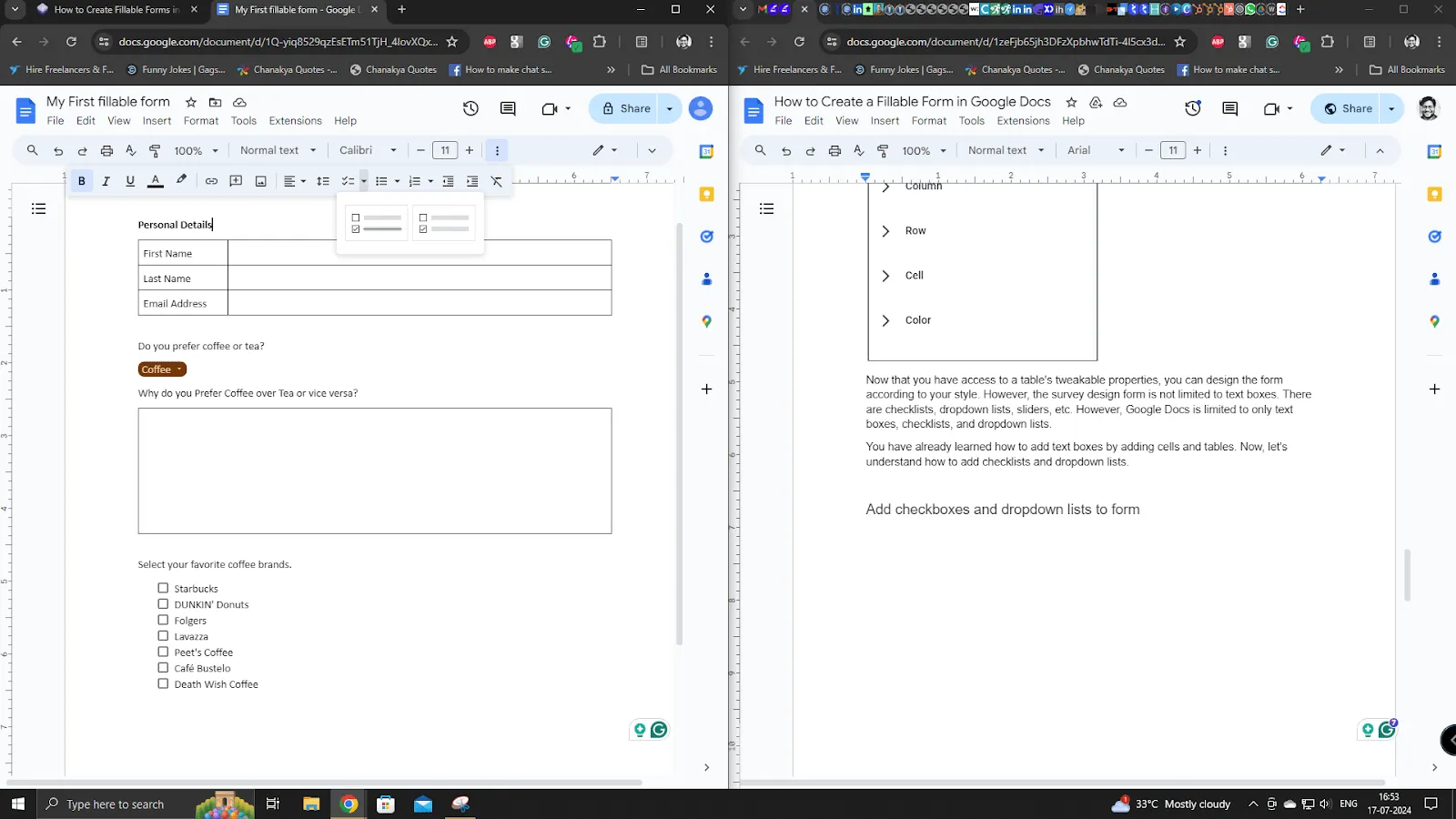 Google Dokümanlar'da doldurulabilir form oluşturmak için kontrol listeleri ve açılır menüler