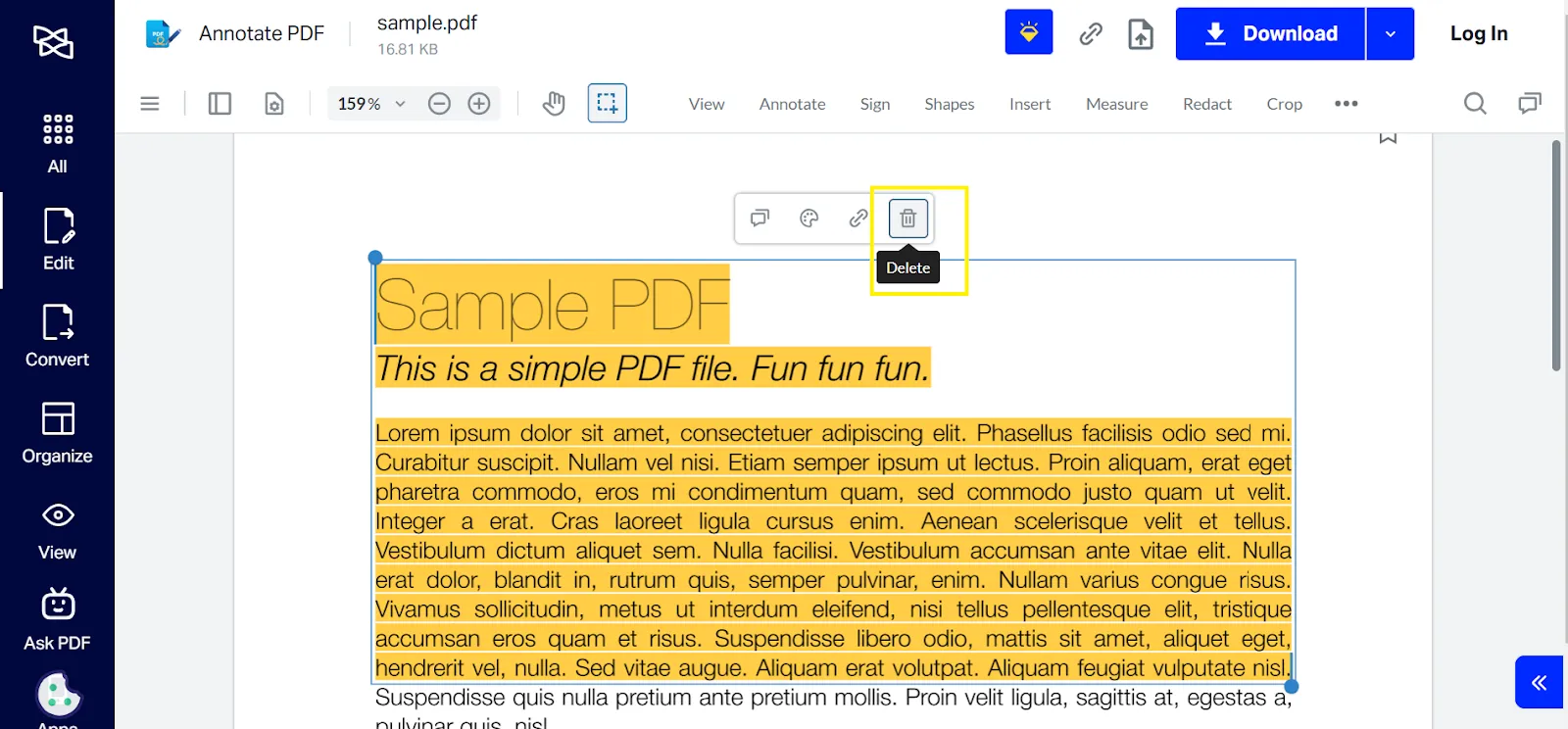 Papierkorb-Symbol: So entfernen Sie Markierungen in PDF-Dateien