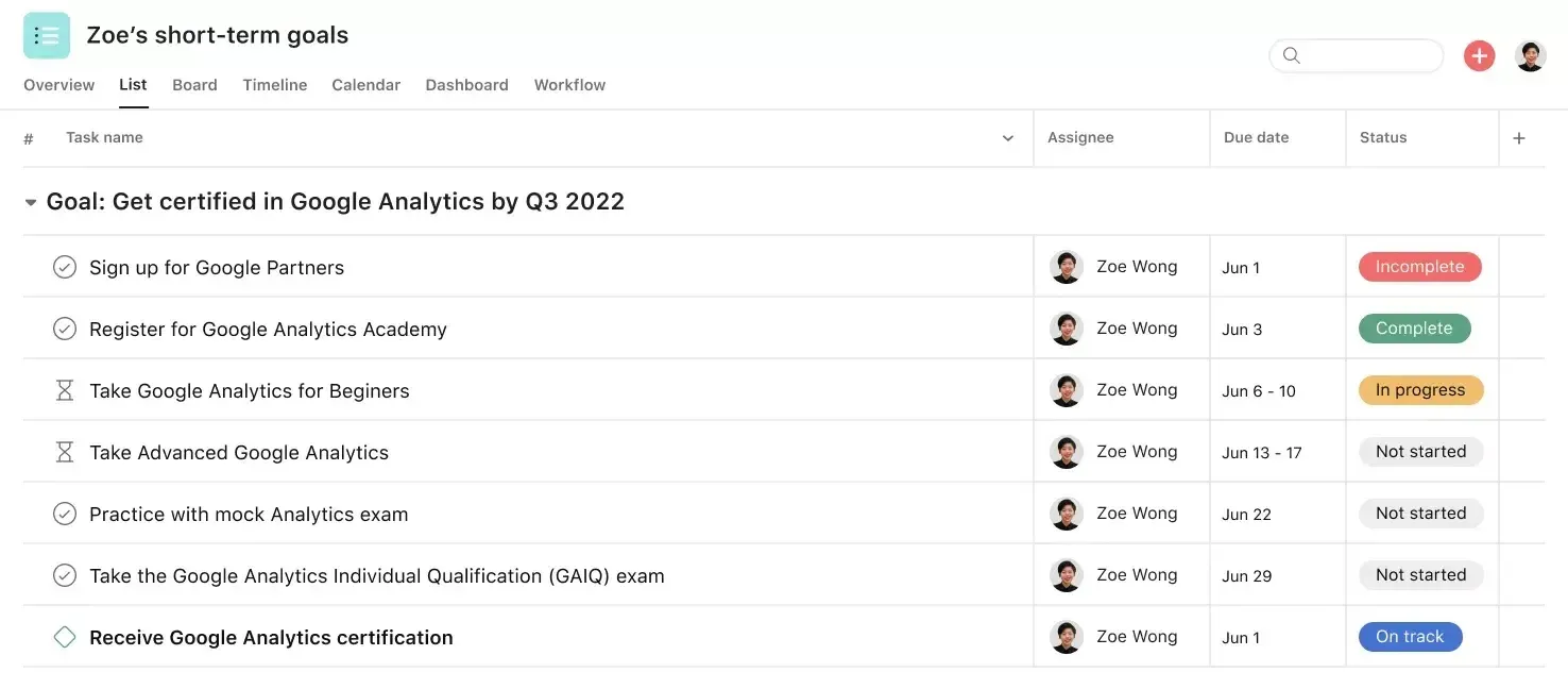เทมเพลตรายการสิ่งที่ต้องทำใน Asana สำหรับเป้าหมายระยะสั้น: กำหนดและจัดการเป้าหมายระยะสั้นพร้อมงานที่ชัดเจน กำหนดเวลา และตัวชี้วัดความสำเร็จ