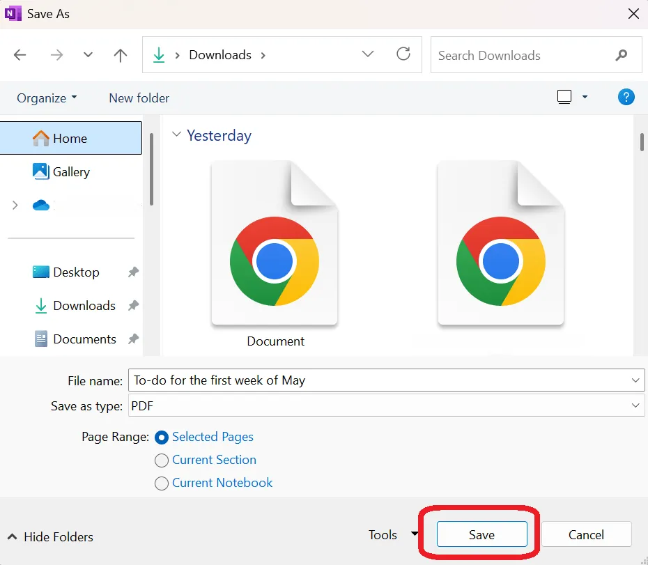 Boîte de dialogue Enregistrer au format PDF de Microsoft OneNote