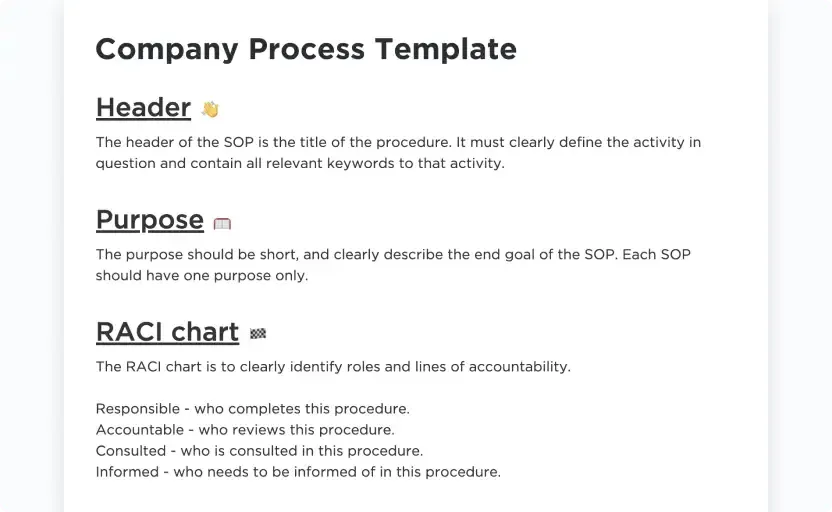 Gérez facilement les procédures opératoires normalisées (SOP) de votre entreprise grâce au modèle de document « Processus d'entreprise » de ClickUp.