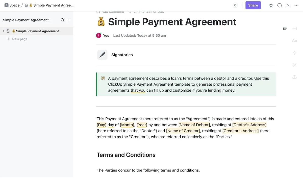 Definisci i termini e le condizioni per le buste paga con il modello di accordo di pagamento semplice di ClickUp.