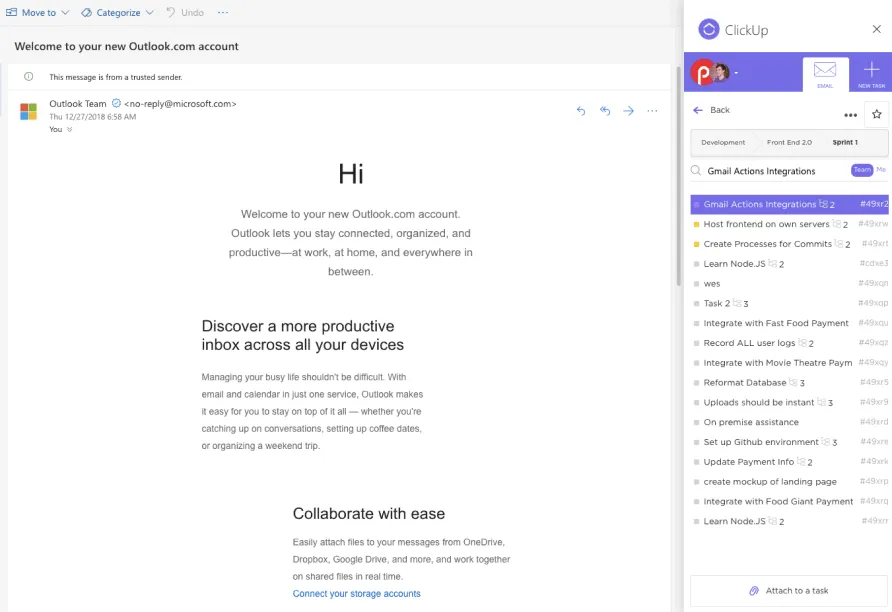 Intégration Outlook de ClickUp