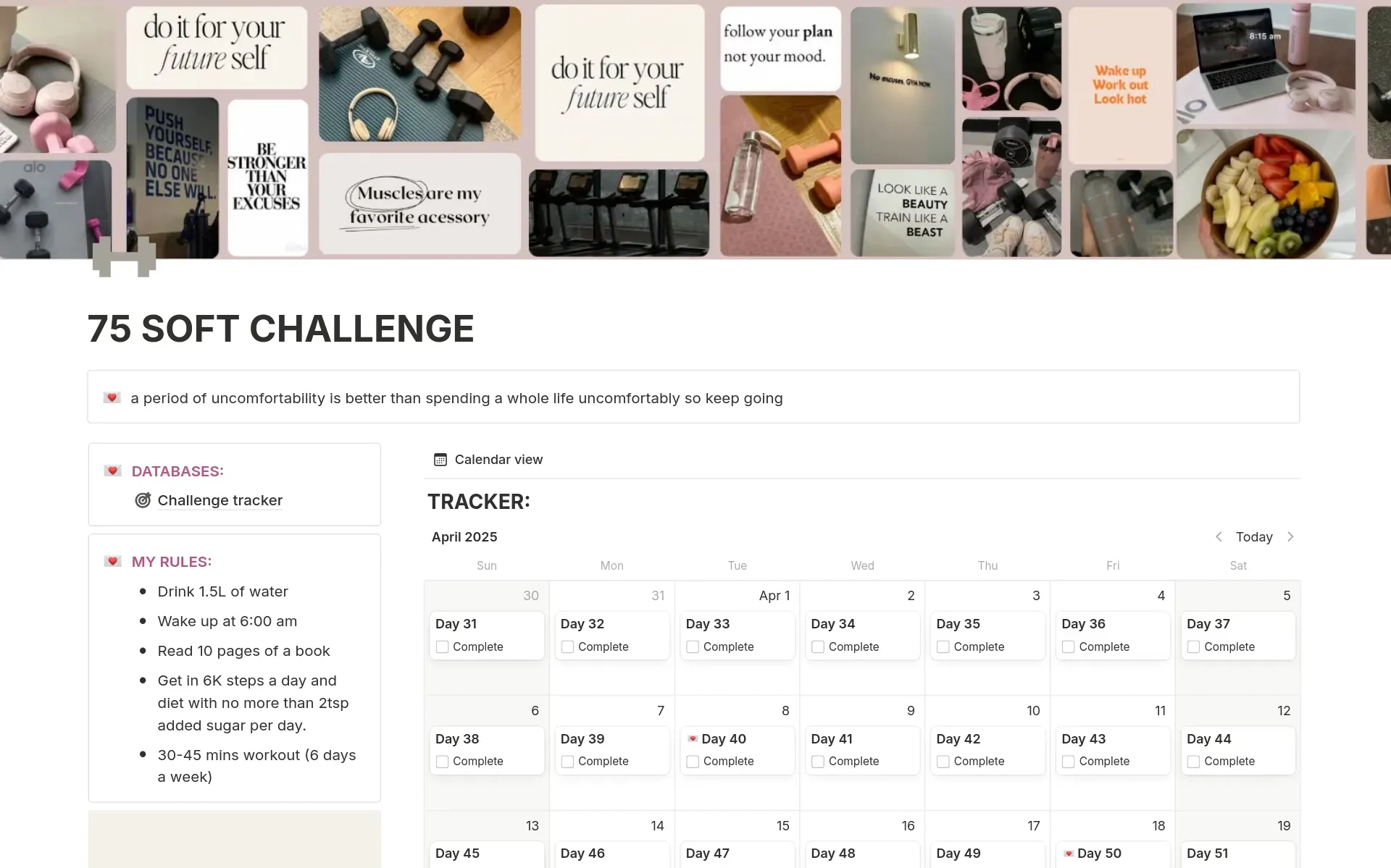 Notion 75 Soft Challenge Template: Шаблони за тренировки на Notion
