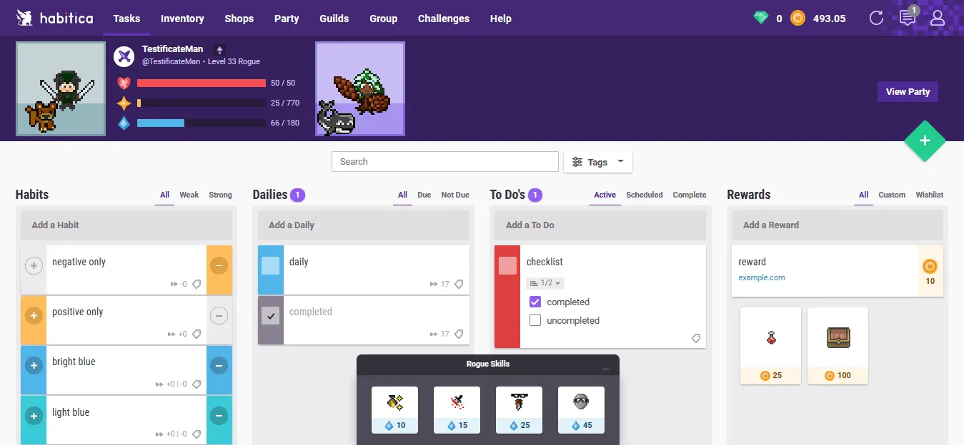 Habitica'daki Görevler sayfası