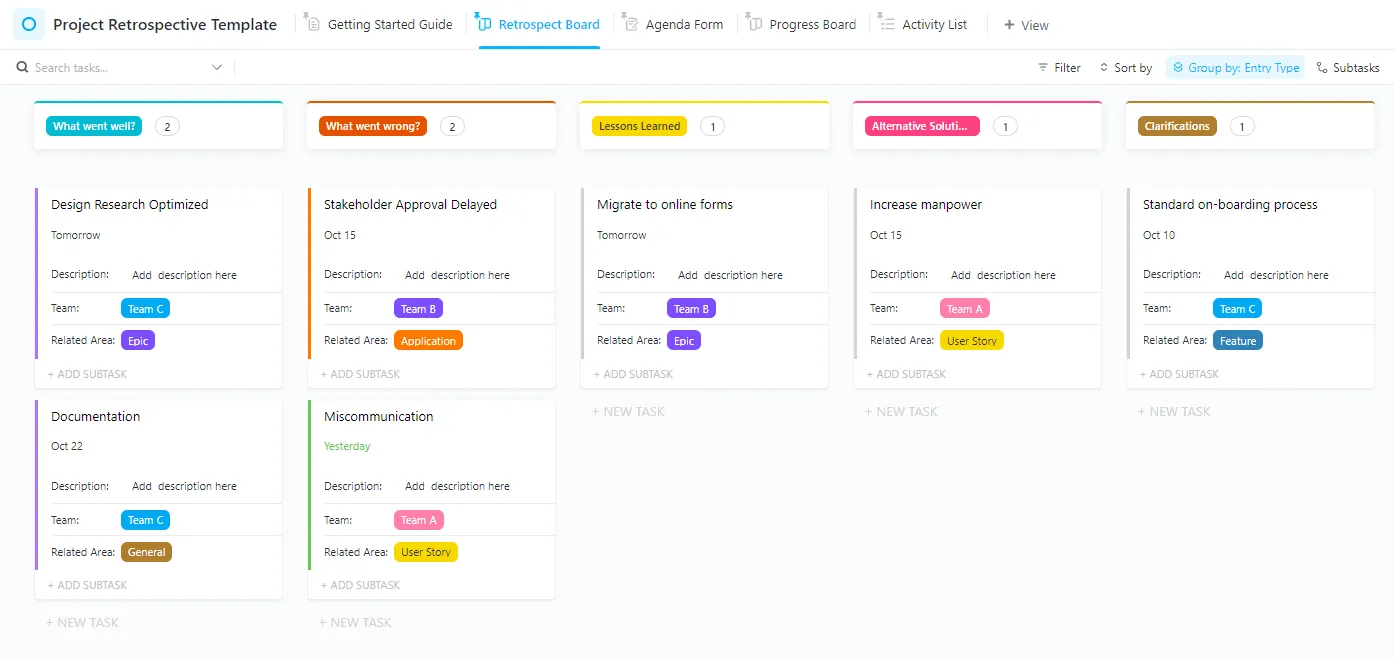 Modèle de rétrospective de projet ClickUp