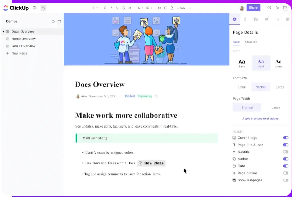 ใช้ ClickUp Docs เพื่อจัดเก็บ, แชร์, และร่วมมือกันในเอกสารการประชุม