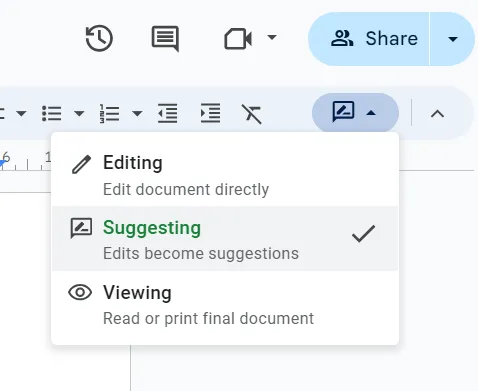 Selecione o modo “Sugerir” no menu suspenso do Google Docs para acompanhar as alterações.
