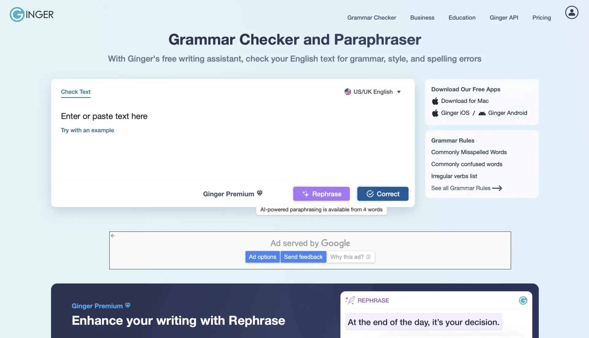 Ginger grammatikgranskare och parafraserare