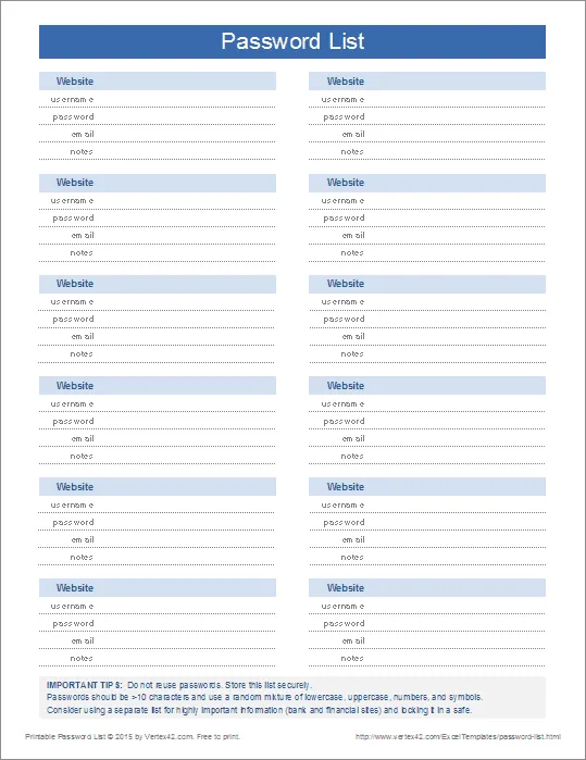Modello di elenco password Excel di Vertex42