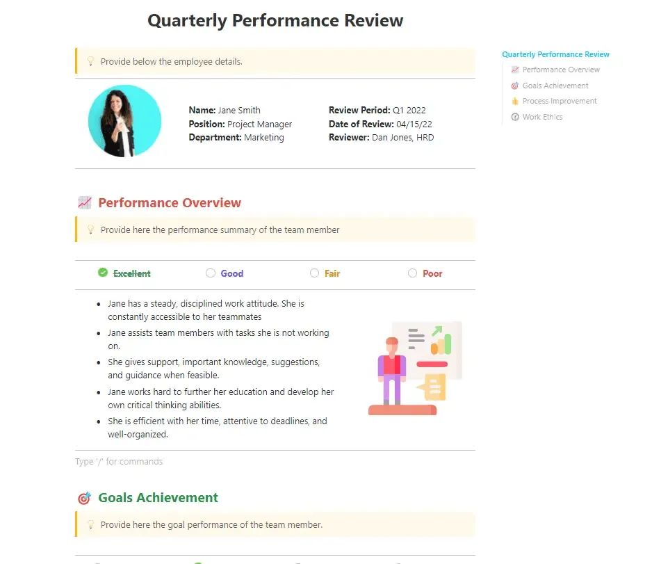 Suivez les indicateurs de performance, présentez des commentaires constructifs aux employés et surveillez la progression grâce au modèle d'évaluation trimestrielle des performances ClickUp.