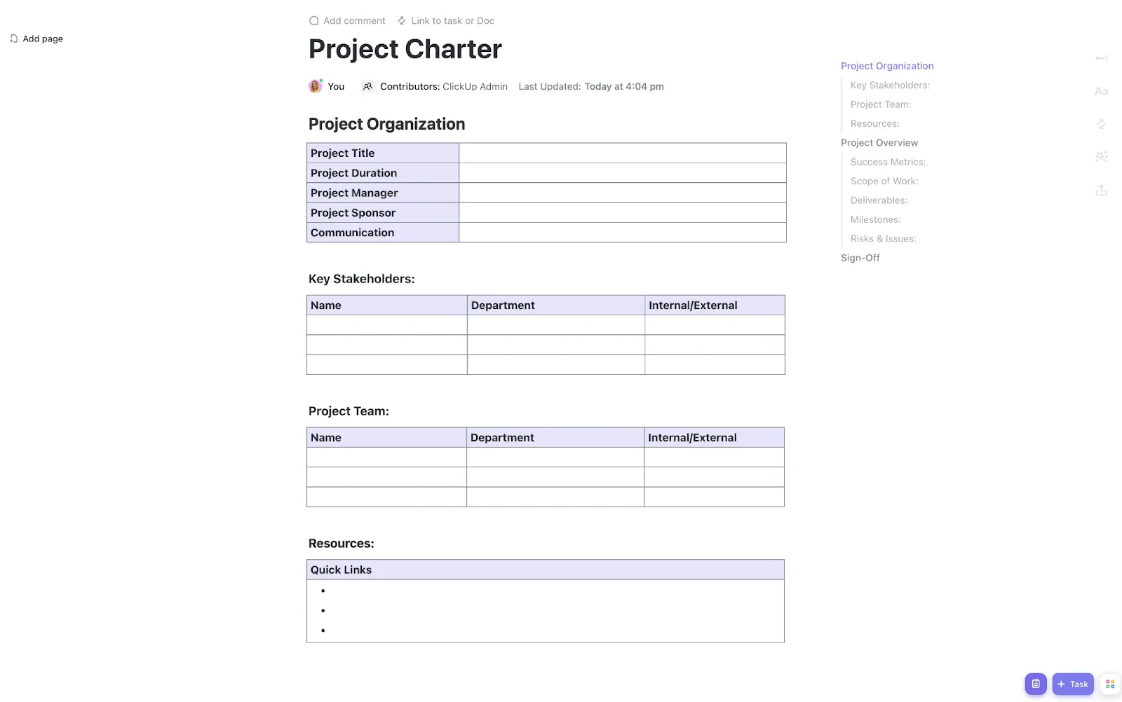 Sjabloon voor projectcharter van ClickUp