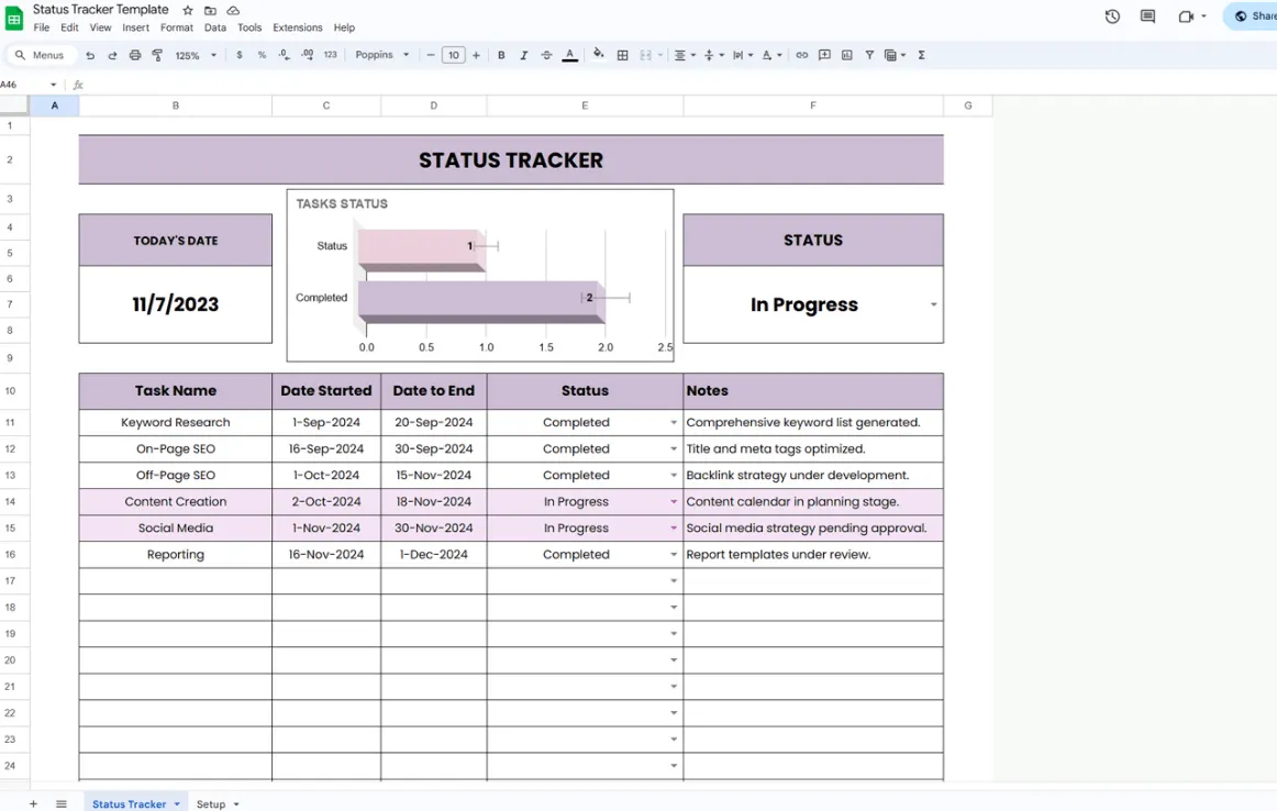 Modèle de suivi du statut des tâches par Template.net