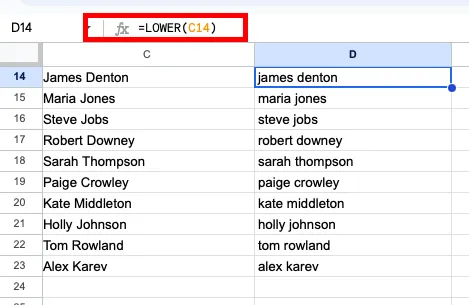 Преобразуване на текст в малки букви (LOWER): справка за Google Sheets