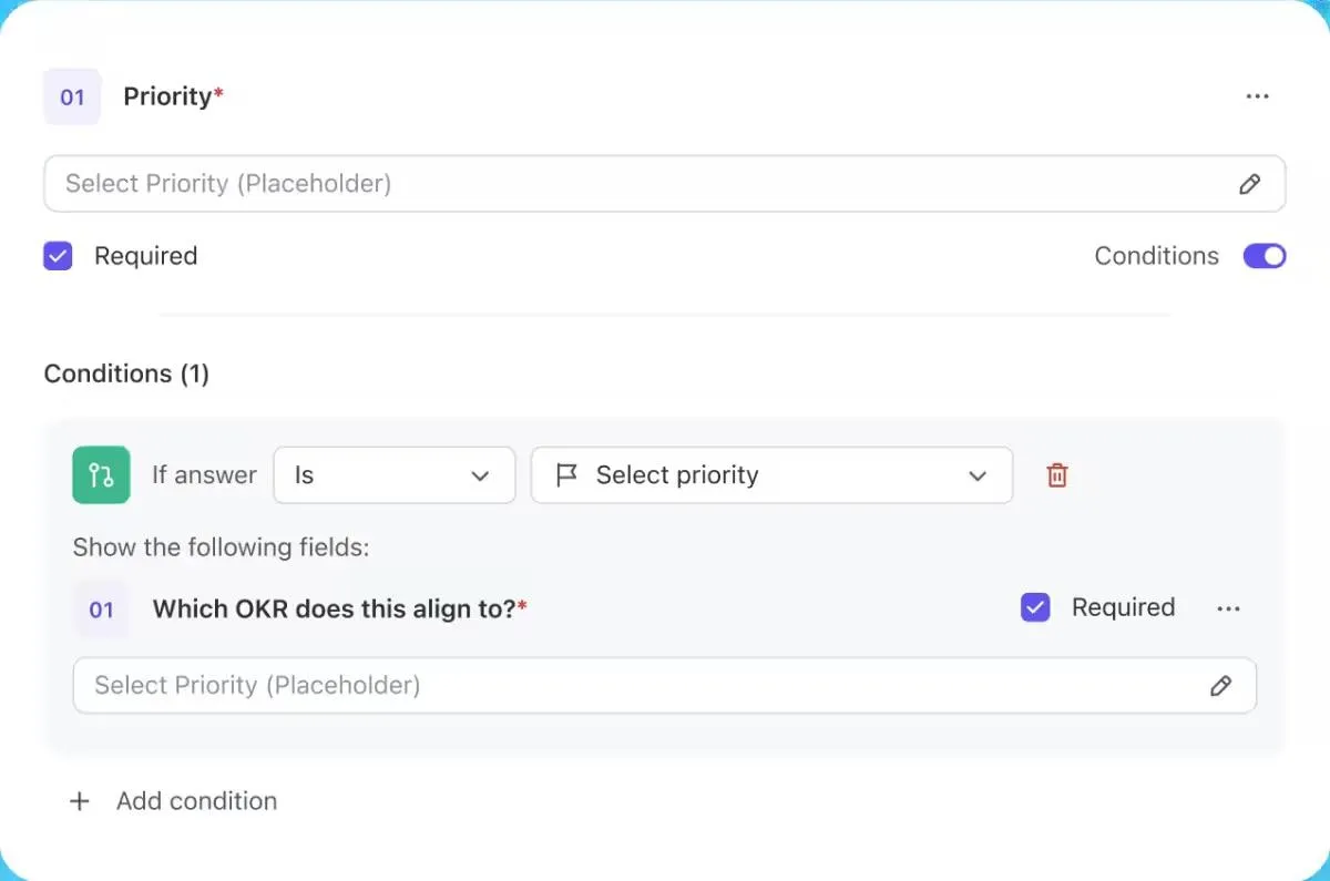 Sử dụng Biểu mẫu ClickUp với logic có điều kiện để điều chỉnh câu hỏi dựa trên câu trả lời, cho phép nhóm của bạn cung cấp chi tiết hoặc sửa đổi ước tính điểm