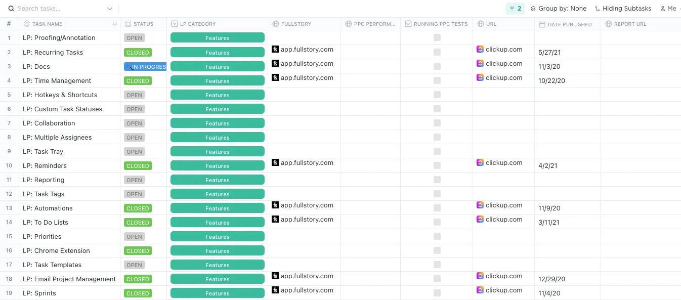 Database della pagina di destinazione Vista Tabella