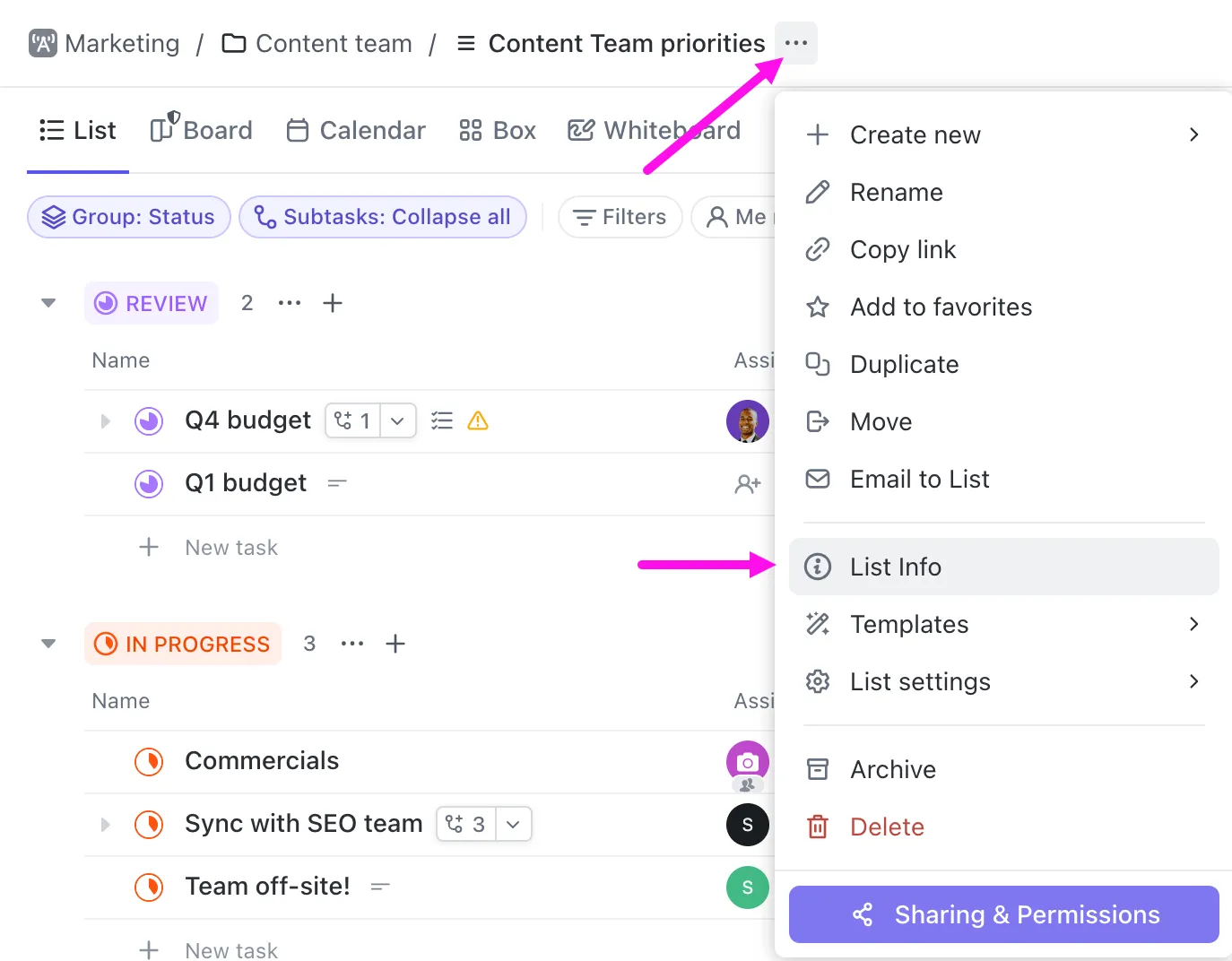 Vue Liste ClickUp