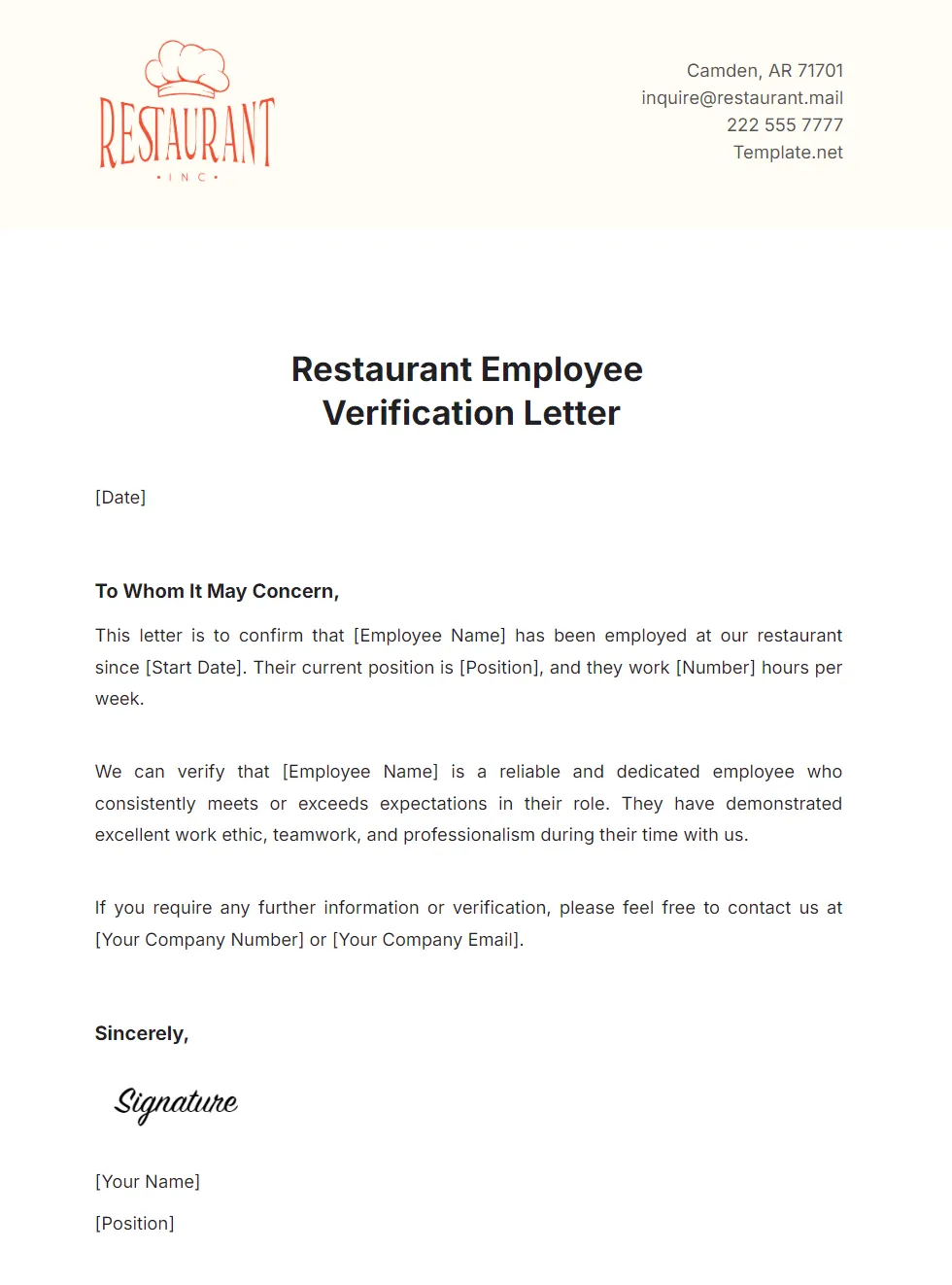 จดหมายยืนยันการเป็นพนักงานร้านอาหาร