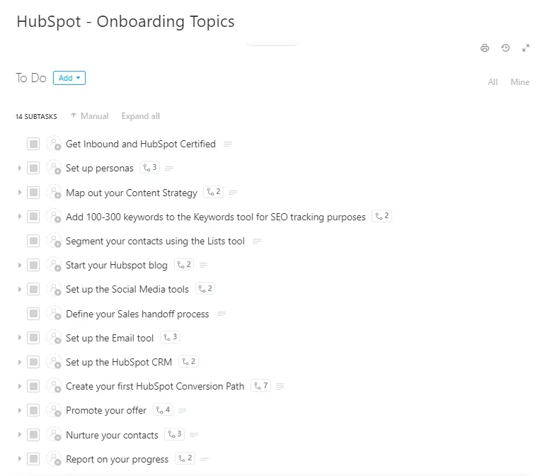 ClickUp HubSpot-sjabloon voor onboarding