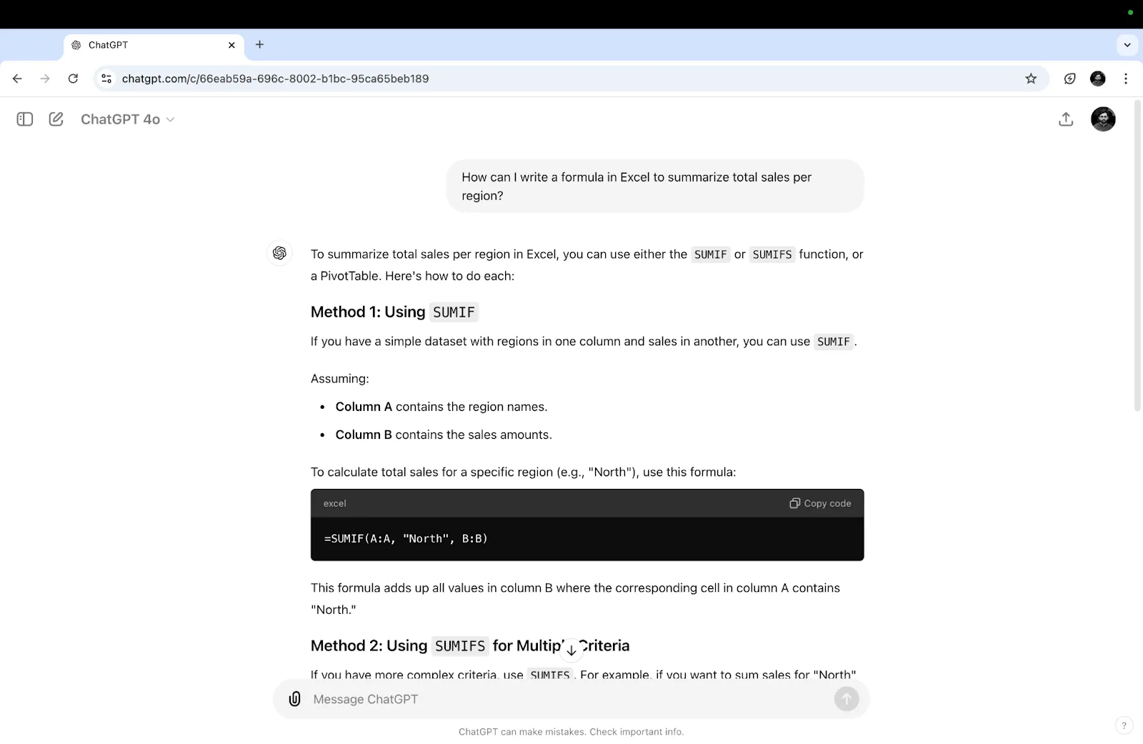ChatGPT proporciona una fórmula SUMIF para resumir las ventas por región: Cómo utilizar ChatGPT para fórmulas de Excel