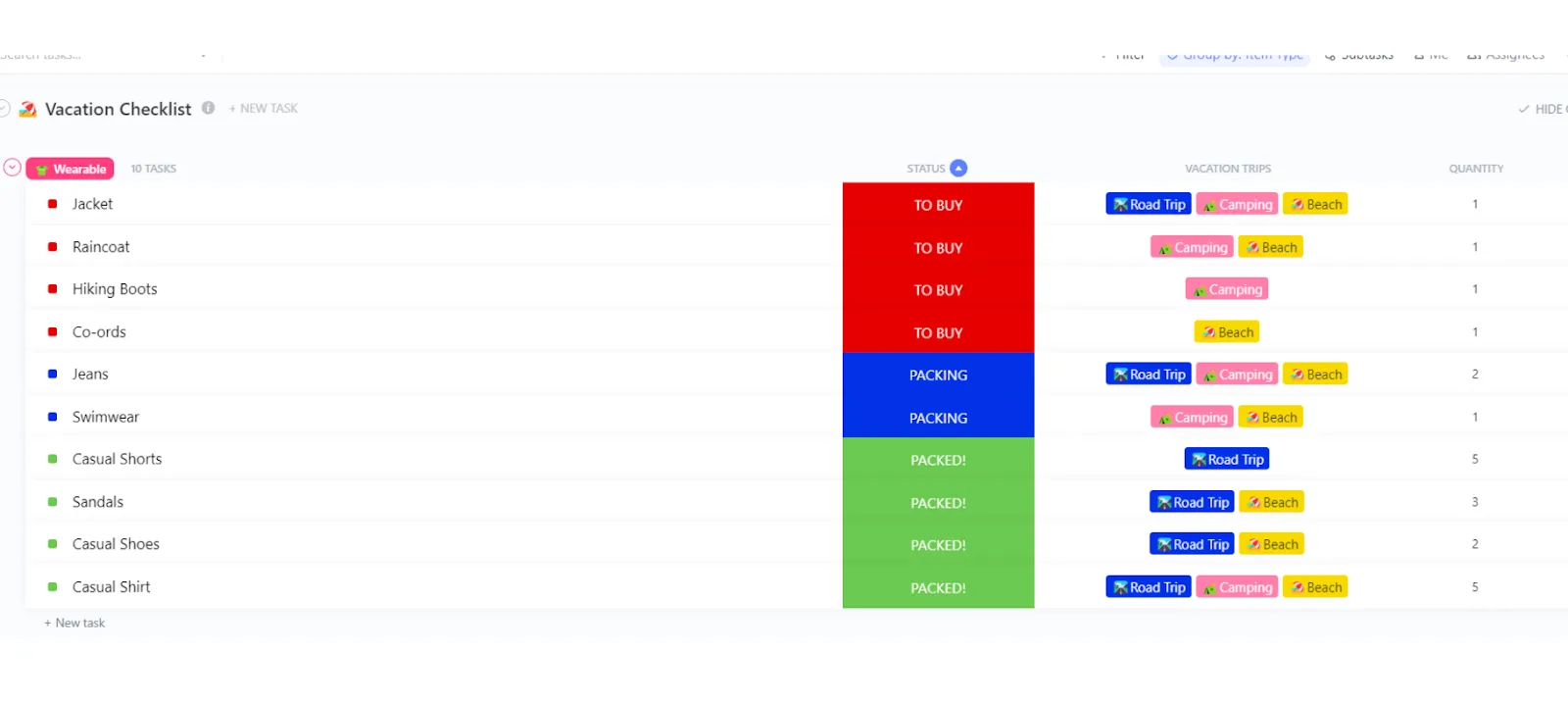 Modèle de checklist pour les vacances ClickUp