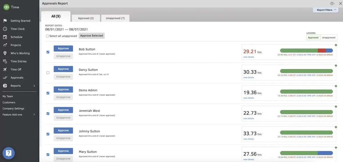 Software de control horario: función de aprobación de horas registradas de Quickbooks Time.