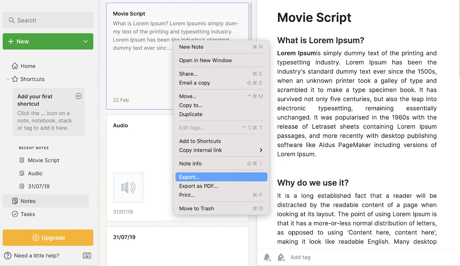 evernote'tan dışa aktarma: Evernote'ta "dışa aktarma" seçeneğini bulma