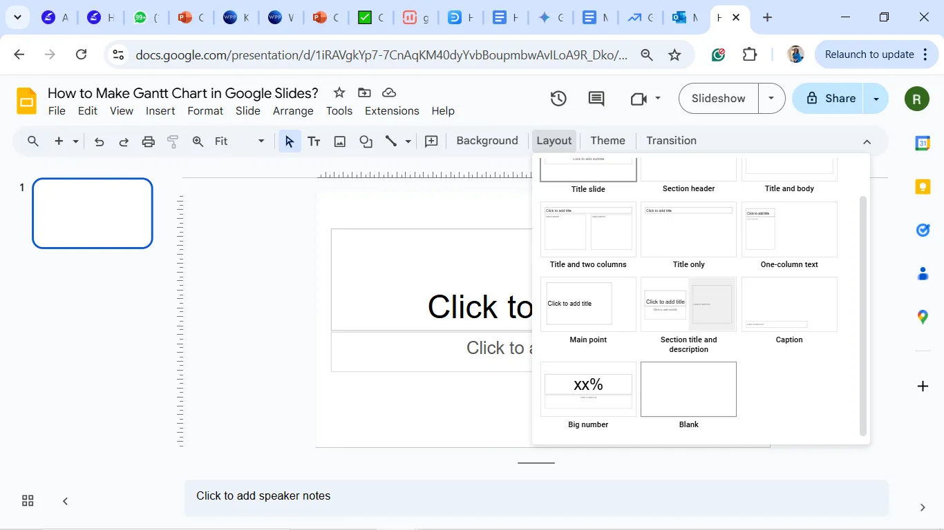 Google 프레젠테이션의 빈 슬라이드: Google 프레젠테이션의 간트 차트